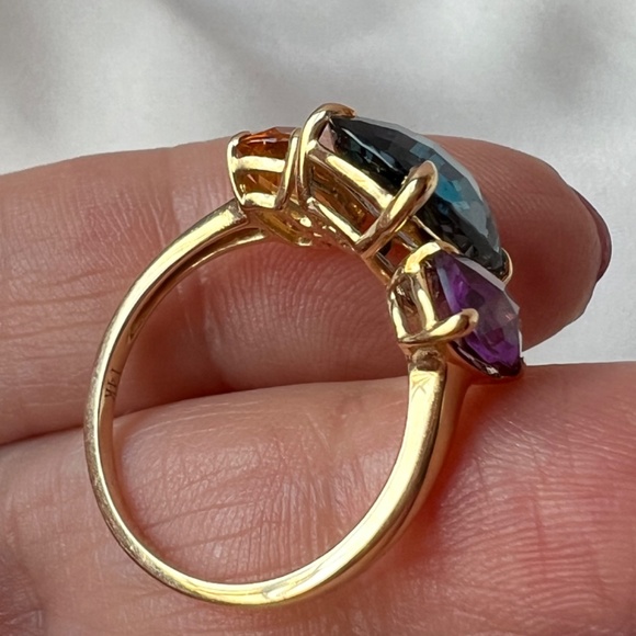 EFFY 14K GOLD MOSAIC LONDON BLUE TOPAZ CITRINE AMETHYST MULTI GEMSTONE RING - Picture 13 of 16